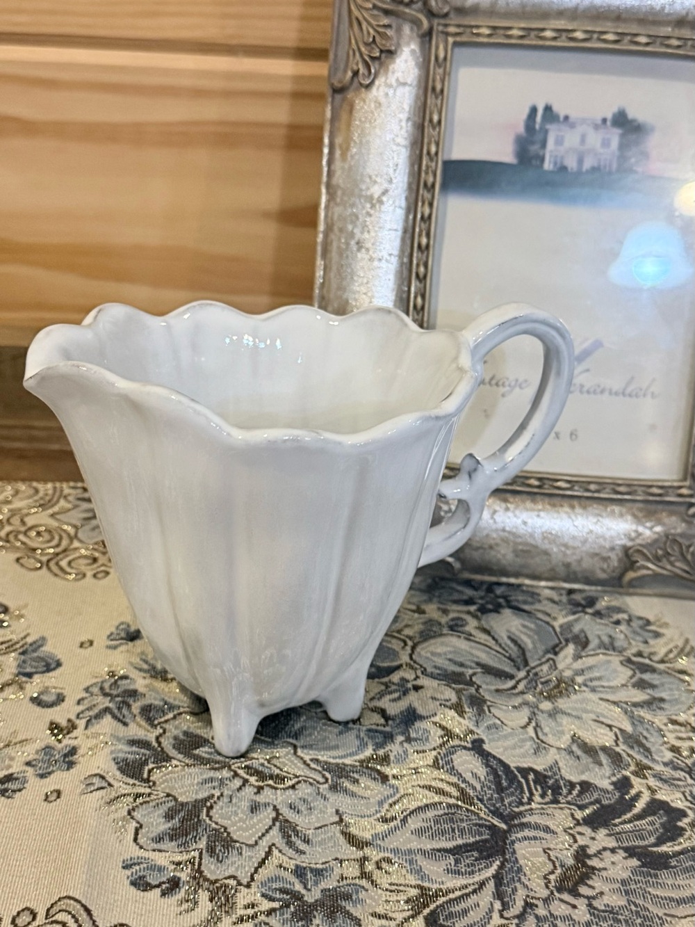 Vietri White Scalloped Ceramic Mug with Decorative Handle